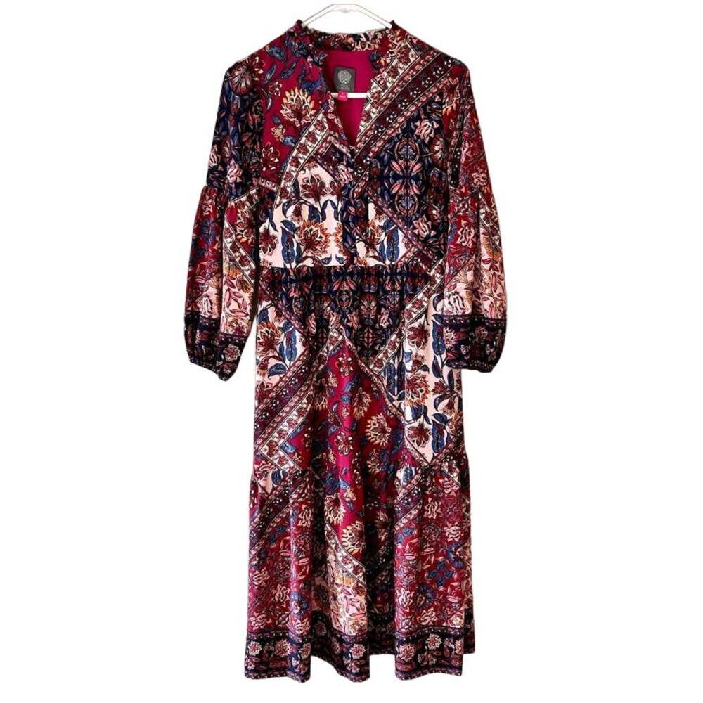 Vince Camuto Berry Scarf Mixed Print Patchwork Long Sleeve Midi Dress Sz 2